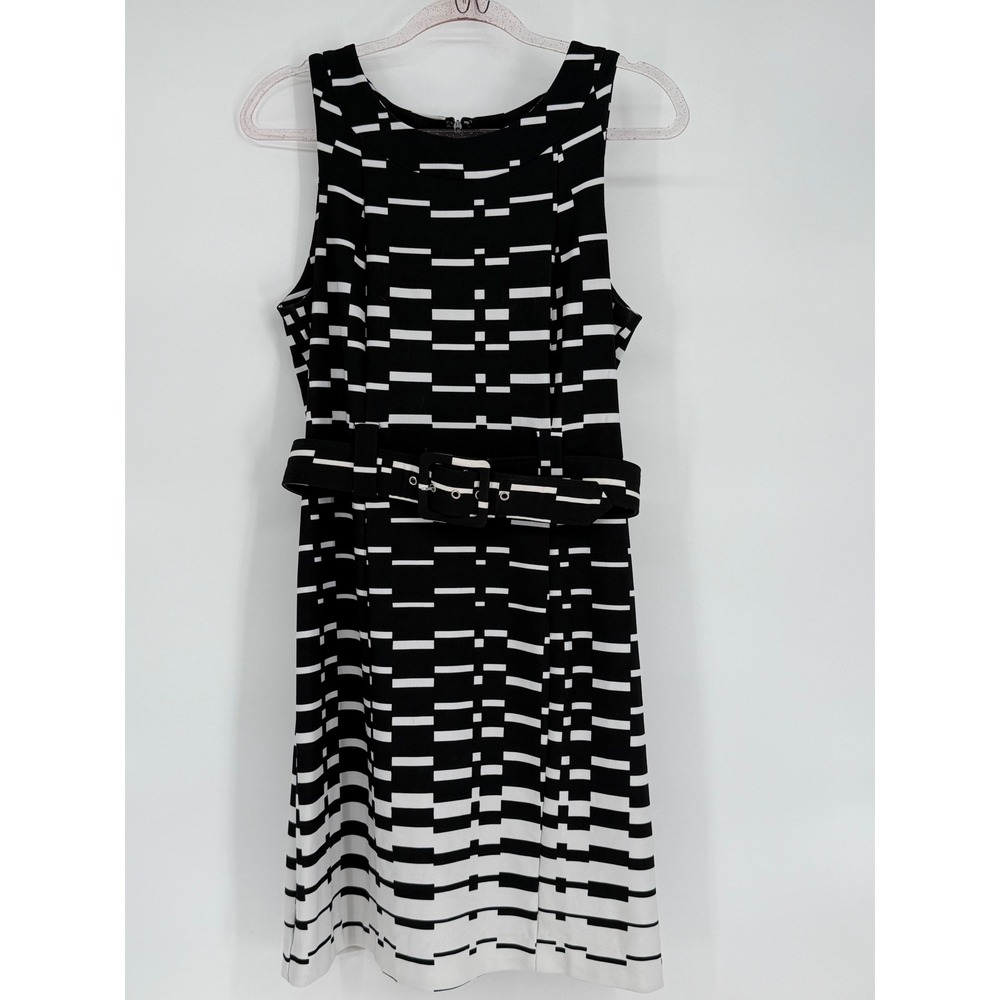 I‎ LE Womens Black White Geometric Print Sleeveless Belted Sheath Dress Sz 10